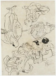 Diverse figurer: sommarnöjen, figurer som sitter på verandan och (nedre) samurajer, Edo-period (bläck på papper)