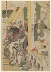 Nyårsdagen på Teahouse Ogi-ya. c.1810 (träblock i färg) (för set se 277795-277796 & 277798)