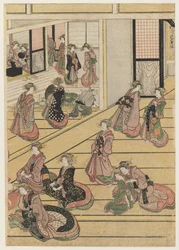 Nyårsdagar på tehuset Ogi-ya. c.1810 (träblock i färg) (för set se 277795-277797)