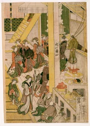 New Years Days of the Teahouse Ogi-ya, c.1810 (träblockstryck) (se även 406533, 406534 och 406536)