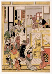 New Years Days of the Teahouse Ogi-ya, c.1810 (träblockstryck) (se även 406534, 406535 & 406536)