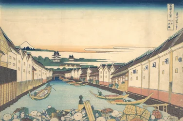 Nihonbashi i Edo Edo Nihonbashi, från serien Thirty-six Views of Mount Fuji ..., ca. 1830-32.