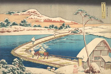 Gammal utsikt över båtbron vid Sano i Kozuke-provinsen Kozuke Sano funabashi no kozu,..., 1827-30.