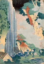 Ona vattenfall på Kisokaido, 1827 (träblock i färg)