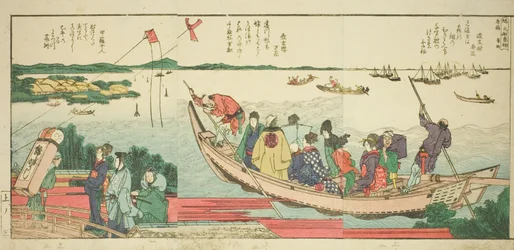 Sidor från den illustrerade boken "Panoramautsikt längs stranden av Sumidafloden (Ehon Sumidagawa ryogan ichiran)"