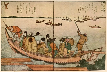Passagerare på en båt som korsar Sumidafloden i Japan, c1804, 1924.
