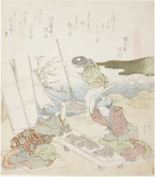 Återvinningspapper, illustration för The Fulling-block Shell (Kinuta gai), från serien "A Matching Game with Genroku-period Poem Shells (Genroku kasen kai awase)"