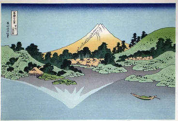 Reflektion i vattnets yta, Misaka, Kai-provinsen från serien Thirty-Six Views of Mt Fuji, 1830-1833