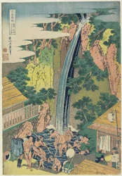 Roben Falls vid Oyama i Sagamiprovinsen, ca 1833 (färgtryck)