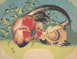 Tupp, höna och kyckling med spindelört, ca. 1830-33.