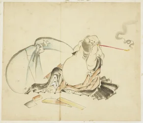 Sittande Hotei Smoking a Pipe, ca. 1815-1849 (bläck och färg på papper)