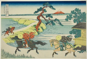 Sekiya Village vid Sumidafloden (Sumidagawa Sekiya no sato), från serien Thirty-Six Views of Mount Fuji (Fugaku sanjūrokkei)