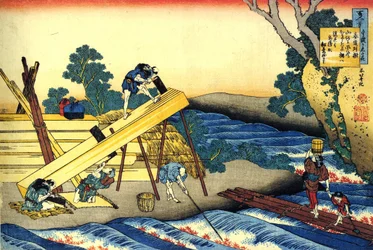 Serie de cent poems de cent poetes : ""Harumichi no Tsuraki"" Charpentiers au travail - Estampe de Katsushika Hokusai (1760-1849) (ecole ukiyo-e) vers 1830 State Hermitage Saint Petersbourg