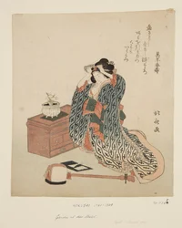 Shamisen Player justerar hennes hår (träblock i färg)