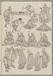 Skisser av buddhistiska präster, ca 1840 (träsnitt)