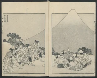 Glider ner till vänster, Fujis öppning höger från Hundra vyer över berget Fuji, 1834.