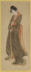 Stående figur av en lång flicka, sent 1700-tidigt 1800-tal.