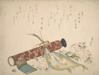Stilleben: Dubbel körsbärsblommig gren, teleskop, söt fisk och vävnadsfodral, c..., ca. 1804-13.