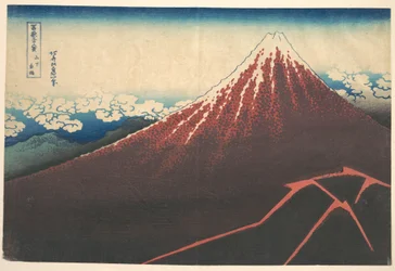 Storm vid foten av berget Fuji (Sanka no haku u), ur serien ”De trettiosex vyerna av berget Fuji” (Fugaku sanjūrokkei)
