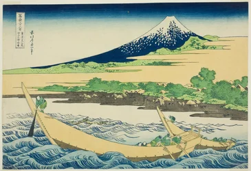 Tagonoura Bay nära Ejiri på Tōkaidō (Tōkaidō Ejiri Tagonoura ryakuzu), från serien Thirty-Six Views of Mount Fuji (Fugaku sanjūrokkei)
