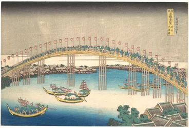 Tenman-bron i provinsen Settsu (Sesshū Tenmanbashi), ur serien ”Anmärkningsvärda vyer över broar i olika provinser” (Shokoku meikyō kiran)