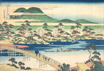 Togetsu Bridge vid Arashiyama i Yamashiro, från serien Remarkable Views of Bridges..., ca. 1830.
