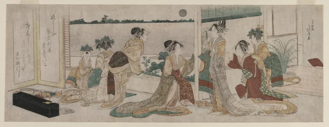 Tsukasa och andra kurtisaner från Ogiya som ser höstmånen gå upp..., 1799.