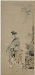Två underhållare som promenerar på det nya året, Edo-perioden, ca 1830-32 (bläck och färg på papper)