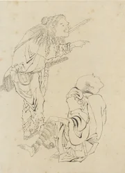 Två jägare, Edo-period (bläck på papper)