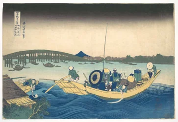 Utsikt över solnedgången över Ryōgoku-bron från Onmaya-stranden (Onmayagashi yori Ryōgokubashi sekiyō o miru), ur serien ”De trettiosex vyerna av berget Fuji” (Fugaku sanjūrokkei)