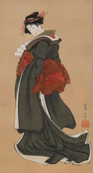 Kvinna med solfjäder, Edo-perioden, omkring 1810-1811
