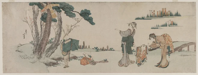 Kvinnor som distraherar ett barn vars drake fångas i ett träd, ca. 1800.