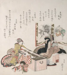 Kvinnor som förbereder te runt eldhållaren, 1816.