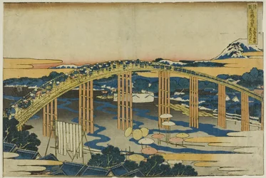 Yahagi-bron vid Okazaki på Tokaido (Tokaido Okazaki Yahagi no hashi), från serien "Ovanliga vyer av berömda broar i olika provinser (Shokoku meikyo kiran)"