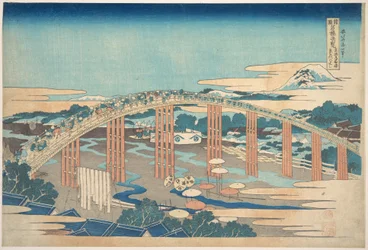 Yahagi-bron vid Okazaki längs Tōkaidō (Tōkaidō Okazaki Yahagi no hashi), ur serien ”Anmärkningsvärda vyer över broar i olika provinser” (Shokoku meikyō kiran)