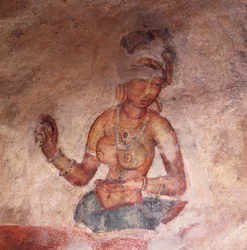 Apsaras, himmelsk nymf som ger ett offer, fresk, befäst citadell i Sigiriya (UNESCO:s världsarvslista