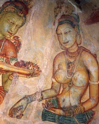 Apsaras, himmelsk nymf som erbjuder blommor, fresk, befäst citadell i Sigiriya (UNESCO:s världsarvslista