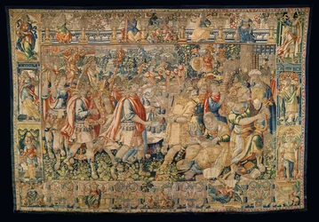 Sockens museum för gobelänger (Pastrana Parish Museum of Tapestries). flamländsk gobeläng. Karl den Store, triumferande intåg i Carmania (Alexander den store, Triumferande inträde i Carmania).