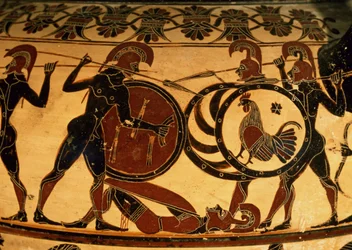 Detalj av en korintisk vas som visar en hoplitstrid, c.600 f.Kr. (terrakotta)
