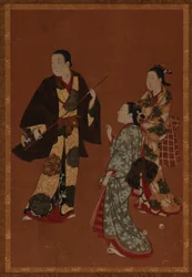 En man, möjligen en skådespelare, och två flickor, Edo-period, 1700-talet.