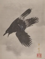 Kråka som flyger i snön, ca. 1887.