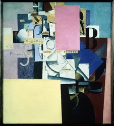Dame au poste de poster (Lady at the poster post). Verk av Kasimir Severinovich Malevitch (Malevich, Malevic) (1878-1935), olja på duk och collage