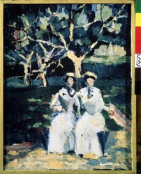 Två kvinnor i trädgården (Två kvinnor i trädgården). Målning av Kasimir Severinovich Malevitch (Malevich, Malevic) (1878-1935), olja på duk, cirka 1930. Rysk konst, 1900-talet, modern konst. Ryska statens museum, Sankt Petersburg.
