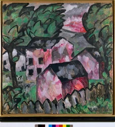 Landskap med röda hus Målning av Kazimir Severinovich Malevich (Malevich, Malevich) (1878-1935) Sön 107x106 cm 1910 Sun Kunstmuseum Bale