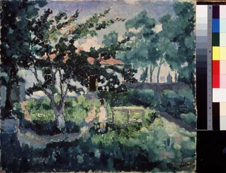 Sommarlandskap. Beskrivning av trädgården i ett litet hus på sommaren, med ett barn som njuter av sommarlovet. Målning av Kasimir Severinovich Malevich (Malevich, Malevic) (1878-1935), olja på duk