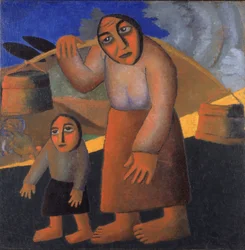 Bondkvinna med hinkar och barn, ca. 1912
