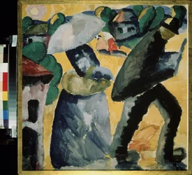 Provins. Scen av det dagliga livet på gatorna i en liten by, ett par, överraskade av regnet, går i skyfallen, kvinnan tar skydd under ett paraply. Verk av Kasimir Severinovich Malevitch (Malevich, Malevic) (1878-1935), gouache på papper