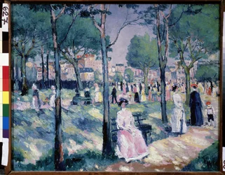 På boulevarden (på boulevarden). Sommarscen, i en park med staden i bakgrunden, går många familjer. Målning av Kasimir Severinovich Malevich (Malevich, Malevic) (1878-1935), olja på duk