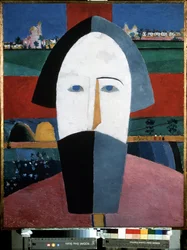 Head of a Peasant (Head of a Peasant). Målning av Kasimir Severinovich Malevitch (Malevich, Malevic) (1878-1935), olja på trä