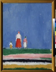Tre figurer. En mamma med två barn, representerad bakifrån. Målning av Kasimir Severinovich Malevitch (Malevich, Malevic) (1878-1935), olja på duk 1913 eller efter 1927. Rysk konst, 1900-talets avantgarde, suprematism. Samling sid